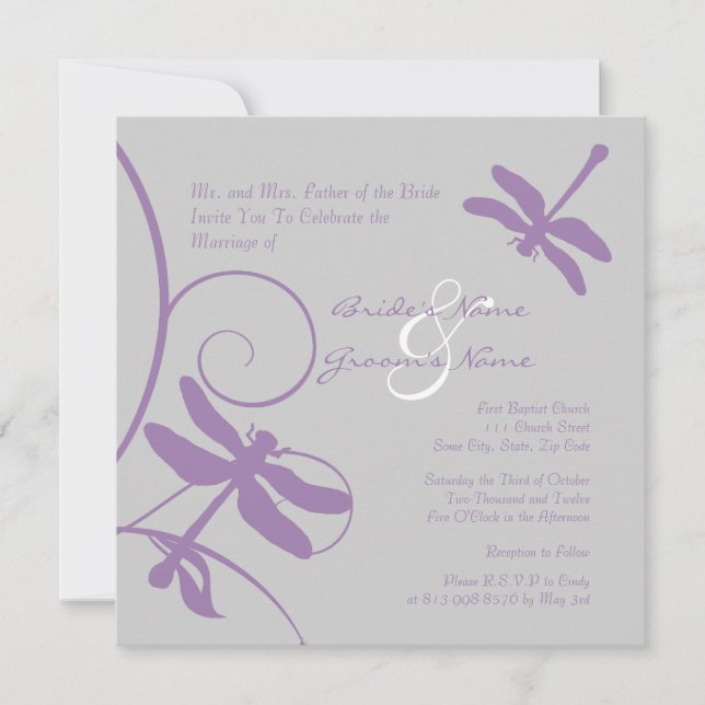 Faire-part de mariage des libellules d'argent et d (Devant)