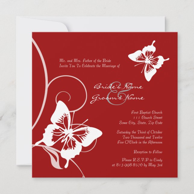Faire-part de mariage des papillons rouges et blan (Devant)