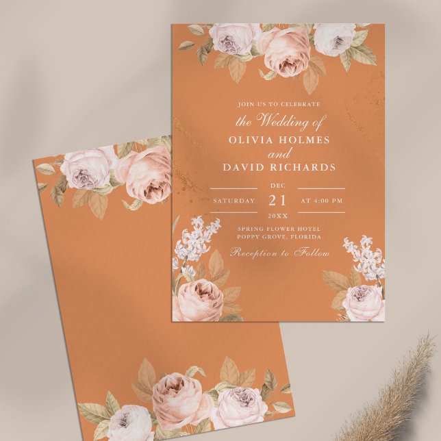 Faire-part de mariage des pivoines d'abricot de Bo (Bohemian Apricot Peonies Wedding Invitation on neutral table)