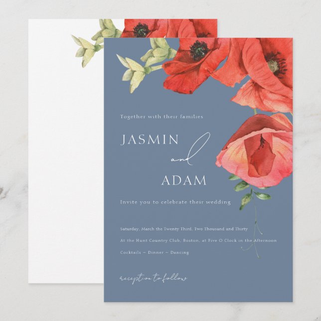 Faire-part de mariage des Poppies bleues et rouges (Devant / Derrière)
