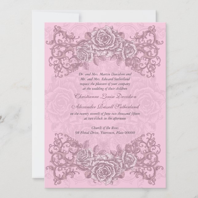Faire-part de mariage des roses roses antiques (Devant)