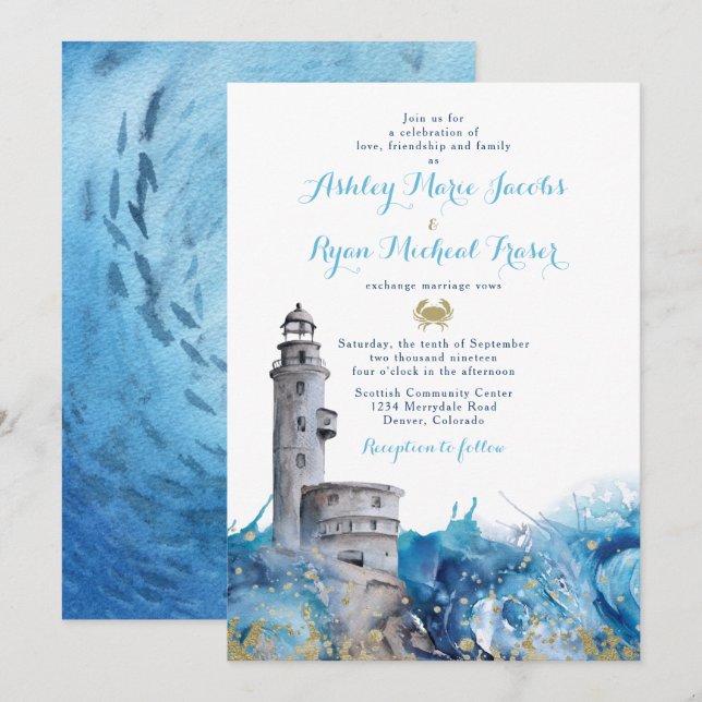 Faire-part de mariage des vagues du phare nautique (Devant / Derrière)