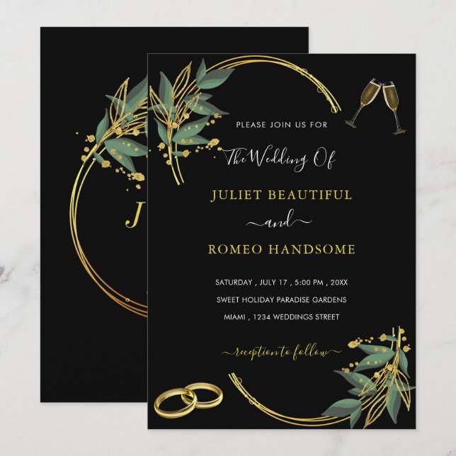 Faire-part de mariage - Design élégant en or noir (Devant / Derrière)
