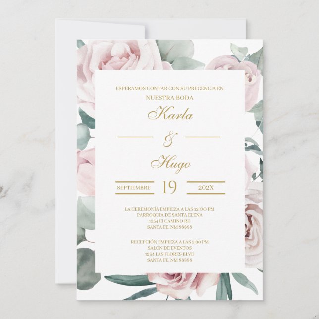 Faire-part de mariage d'Espagne verdoyante et or (Devant)