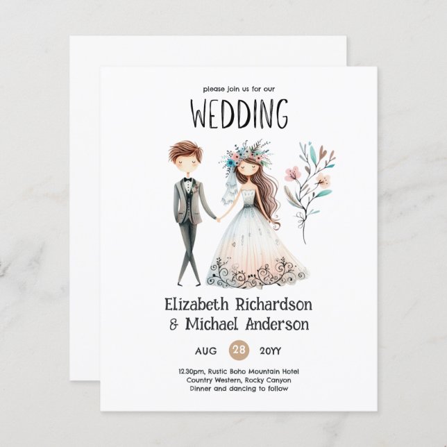 Faire-part de mariage dessiné à la main Bohème Mig (Devant / Derrière)