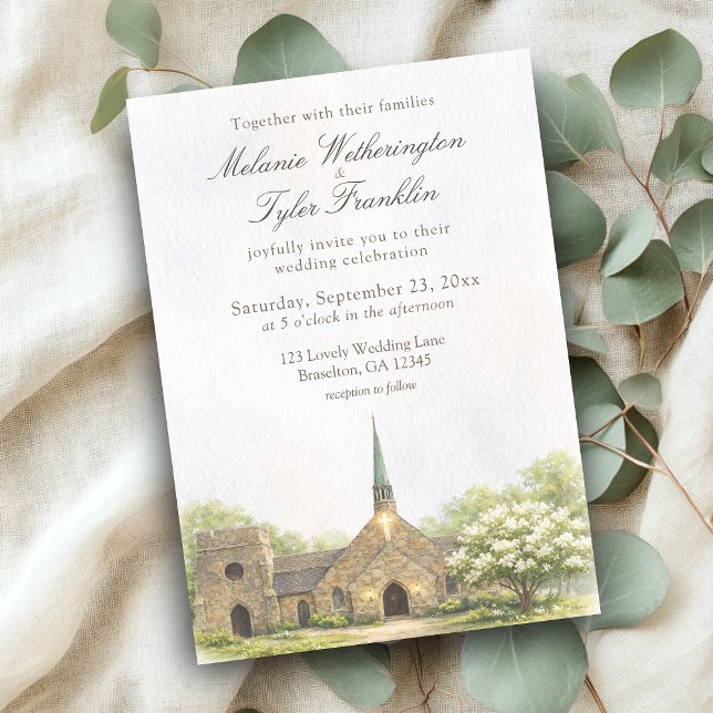 Faire-part de mariage d'été à la chapelle en pierr (Frost chapel summer wedding invite, watercolor stone chapel)