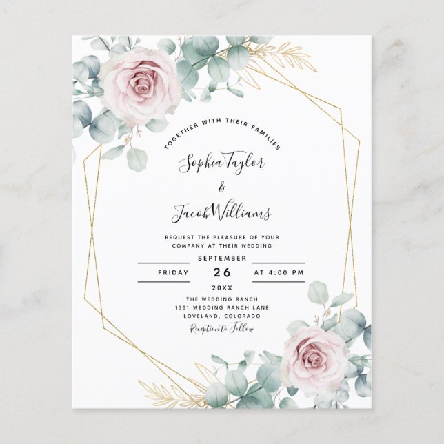 Faire-part de mariage d'Eucalyptus rose budget (Devant)
