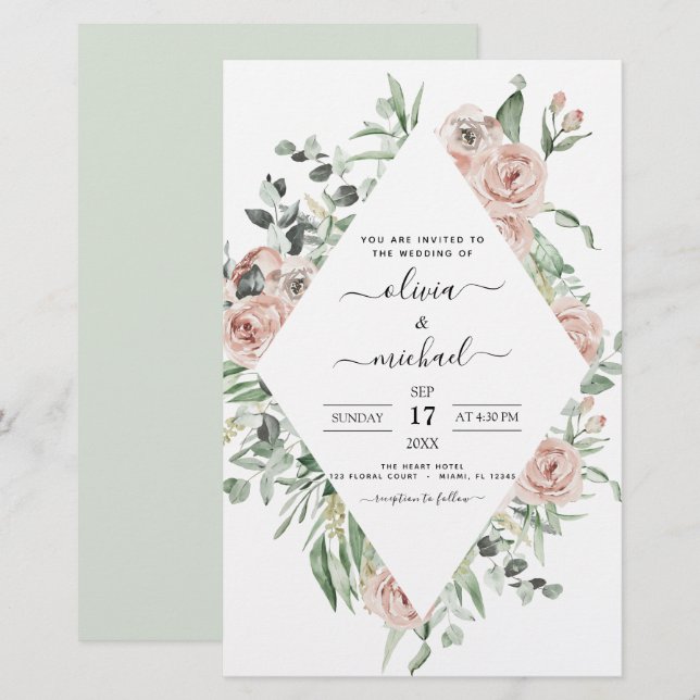 Faire-part de mariage d'eucalyptus vert de l'échel (Devant / Derrière)