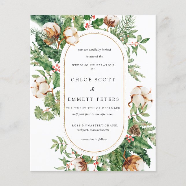 Faire-part de mariage d'hiver Budget Holly Pine (Devant)