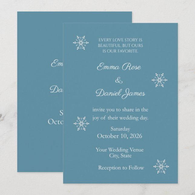 Faire-part de mariage d'hiver flocon de neige bleu (Devant / Derrière)