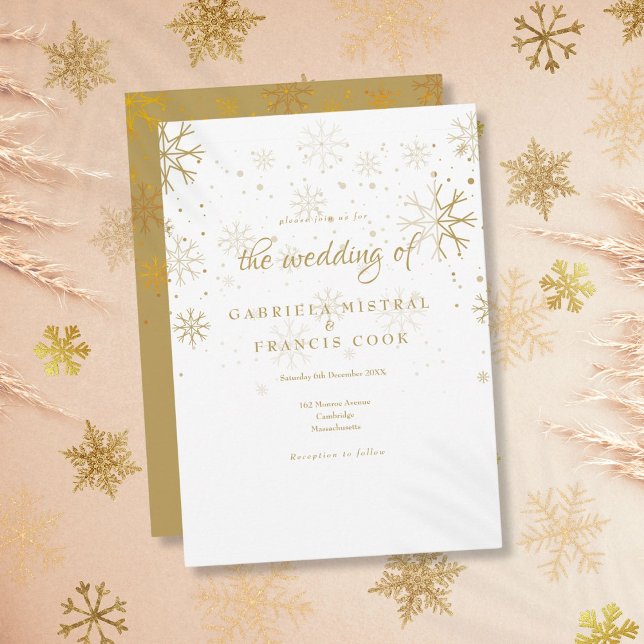 Faire-part de mariage d'hiver Flocons de neige dor (Gold Snowflakes Winter Wedding Invitation)