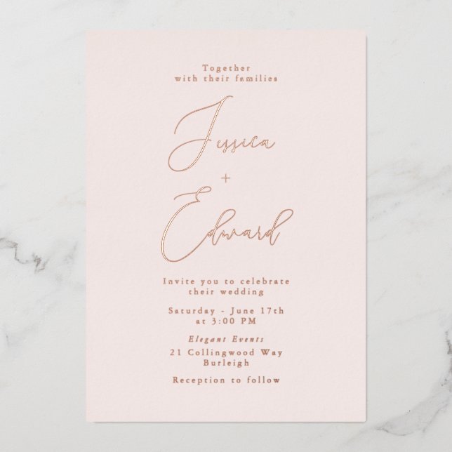 Faire-part de mariage d'huile d'or flush et Rose (Recto)