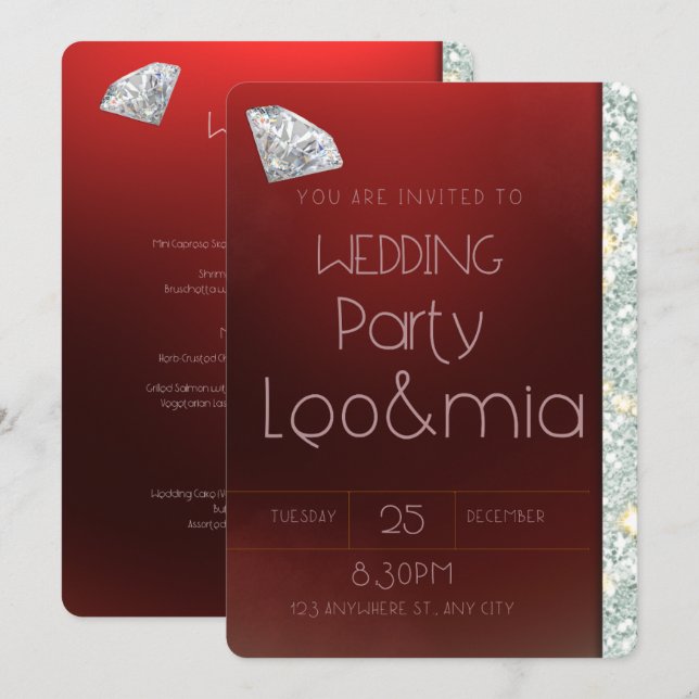 Faire-part de mariage diamant rouge rubis (Devant / Derrière)