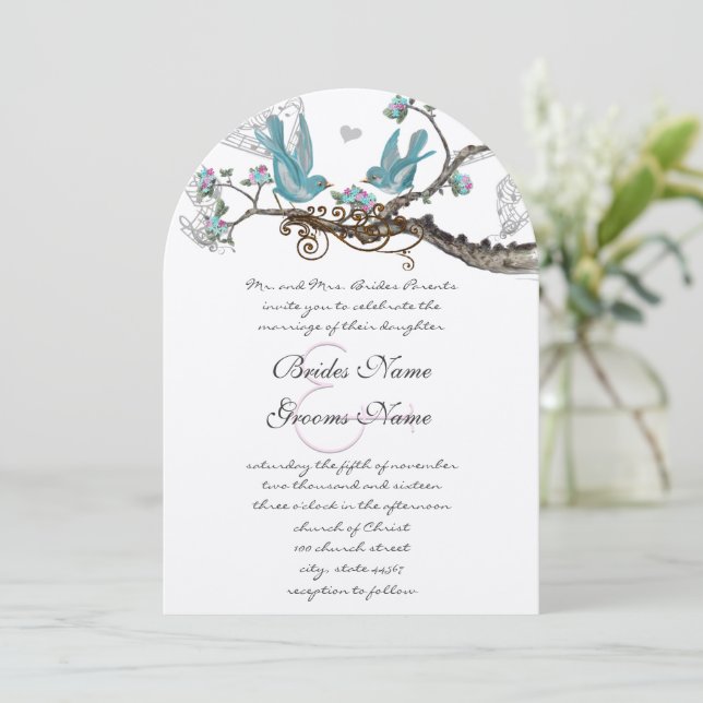 Faire-part de mariage Die Cut Lovebird Aqua & Rose (Debout devant)
