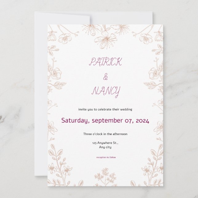 Faire-part de mariage d'illustration florale simpl (Devant)