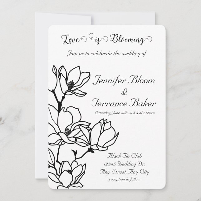 Faire-part de mariage d'impression florale noire (Devant)