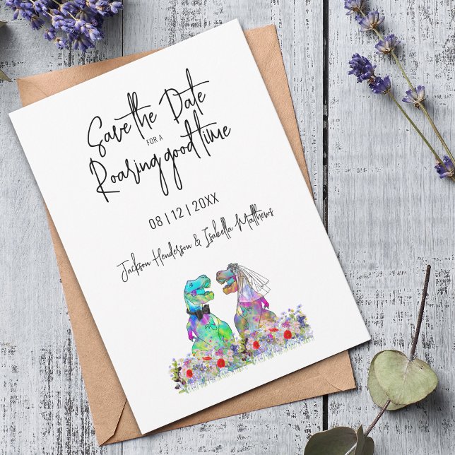 Faire-part de mariage dinosaure amusant pour un ma (Funny save the date for a roaring good time dinosaur bride and groom wedding Card watercolor florals)