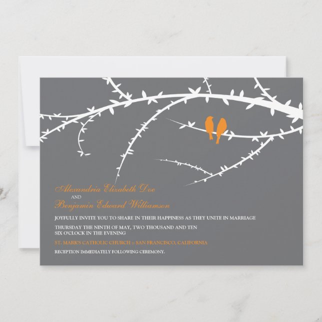 Faire-part de mariage d'inséparables (orange) (Devant)