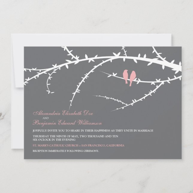 Faire-part de mariage d'inséparables (rose) (Devant)