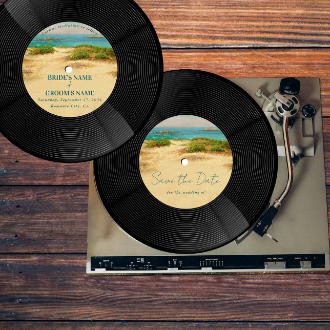 Faire-part de mariage disque vinyle de plage (Beach Vinyl Music Record Wedding Save the Date Invitation)