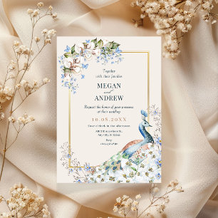 Faire-part de mariage d'oiseau de paon bleu floral