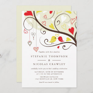 Faire-part de mariage d'oiseaux rouges et jaunes