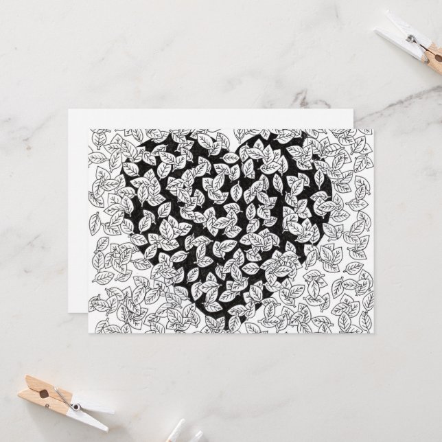 Faire-part de mariage doodle aux feuilles de coeur (Devant/Arrière en situation)