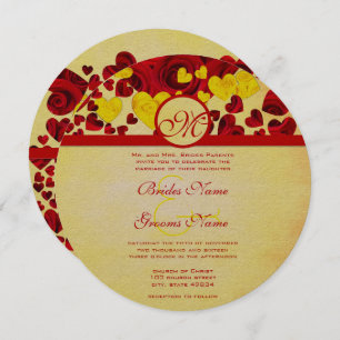 Faire-part de mariage d'or du coeur jaune et rouge
