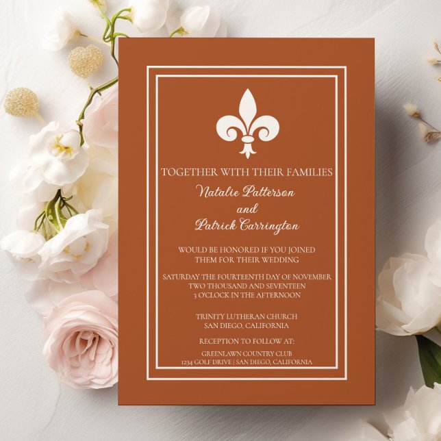 Faire-part de mariage d'Orange Brûlé (Burnt Orange Fleur de Lis Wedding Invitation)