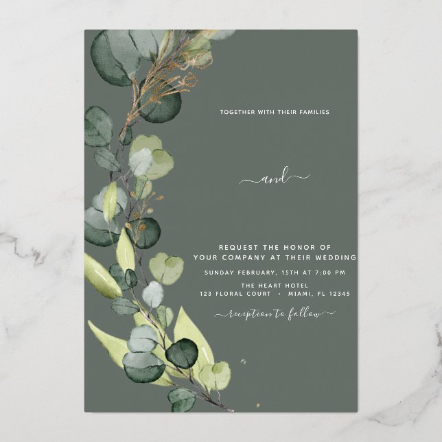 Faire-part de mariage doré à la feuille d'eucalypt (Recto)