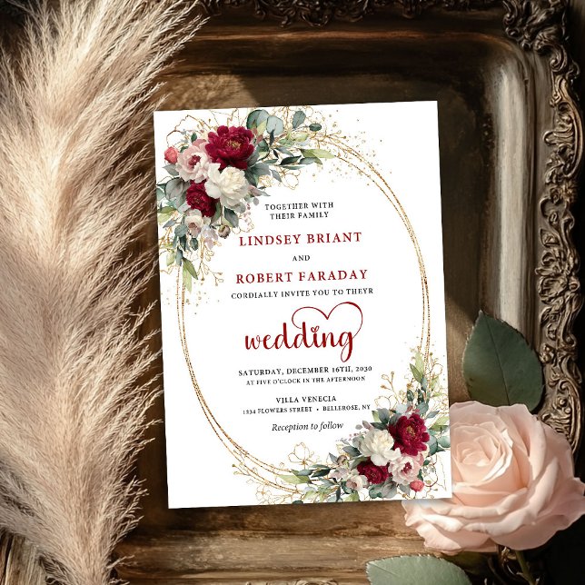 Faire-part de mariage doré chic boho Bourgogne (Burgundy Boho Chic Gold Wedding Invitation)