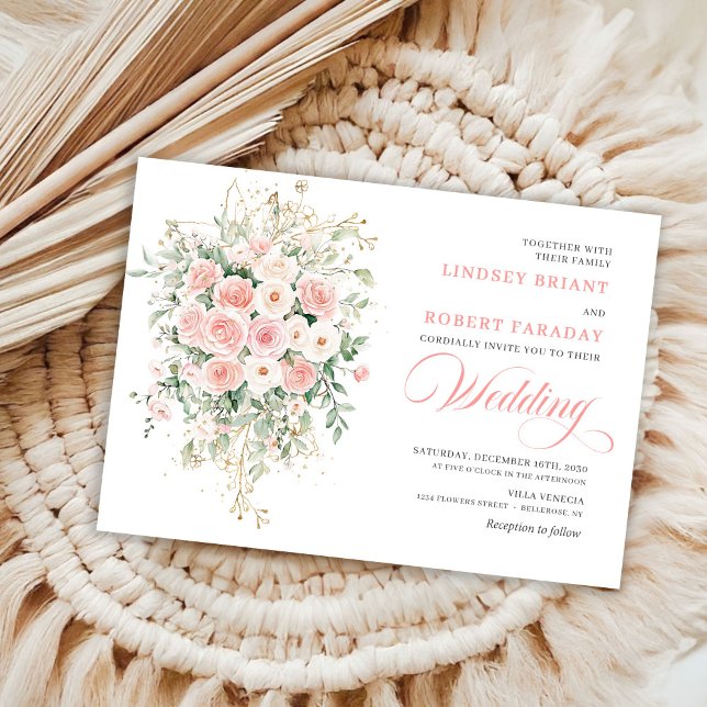 Faire-part de mariage doré floral Bohemian Blush (Bohemian Blush Floral Gold Wedding Invitation)