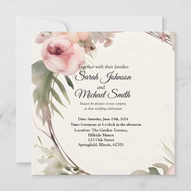 Faire-part de mariage douce, romantique, florale (Devant)