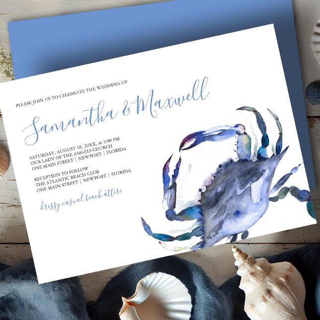 Faire-part de mariage du crabe côtier bleu aquarel (beach wedding invitations watercolor crab art by Victoria Grigaliunas Do Tell A Belle)