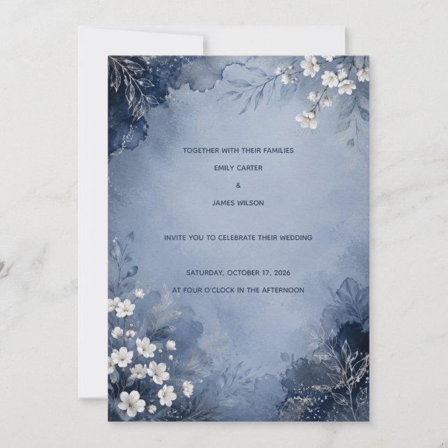 Faire-part de mariage Dusty Blue et Navy Blossom (Devant)