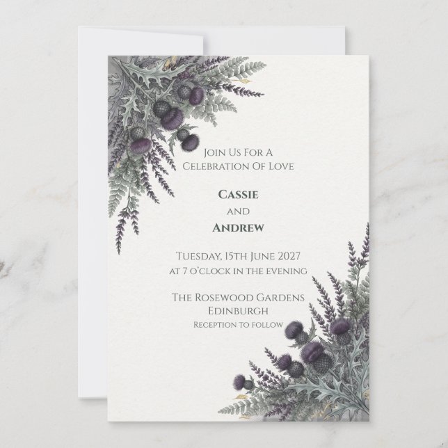 Faire-part de mariage écossais Purple Thistle (Devant)