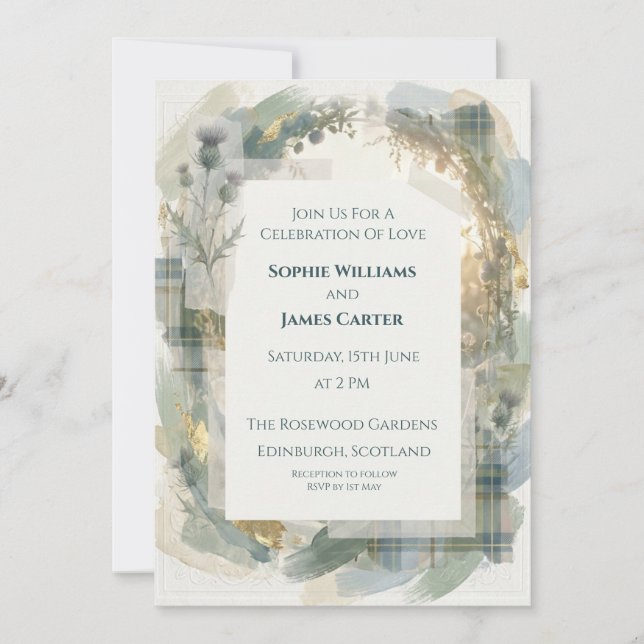 Faire-part de mariage écossais Thistle Tartan Bleu (Devant)
