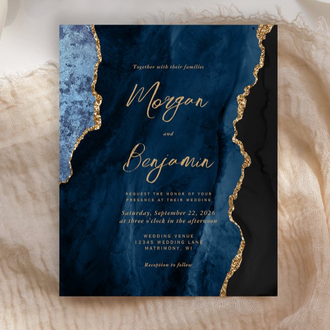 Faire-part de mariage écriture agate or bleu marin (Créateur téléchargé)