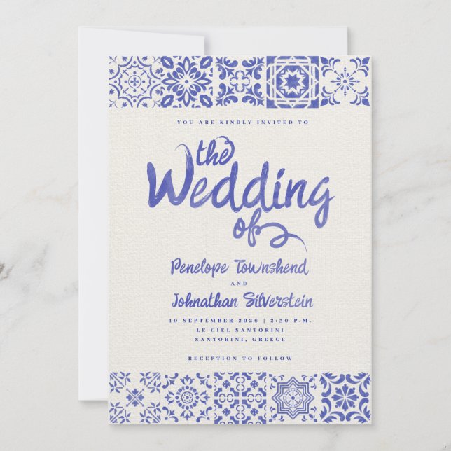 Faire-Part de Mariage Écriture Aquarelle Bleu Blan (Devant)
