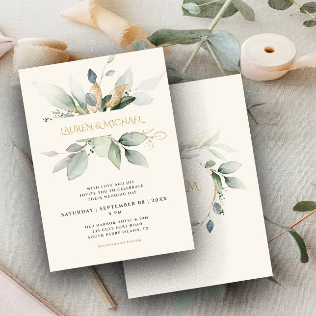 Faire-part de mariage Écru Eucalyptus et Or (Créateur téléchargé)