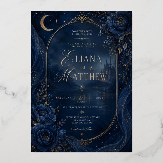Faire-part de mariage Élégance Bleue Mystique (Recto)