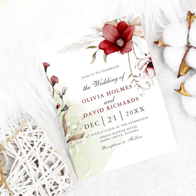 Faire-part de mariage Élégance d'hiver en Bourgogn (Modern winter wedding invitation on white cozy background with cotton flowers)
