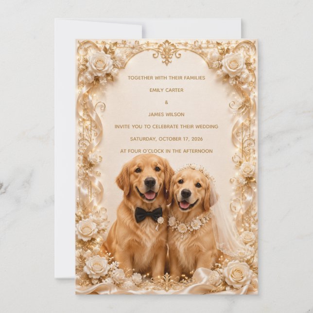Faire-part de mariage élégant 3D Retriever du Gold (Devant)