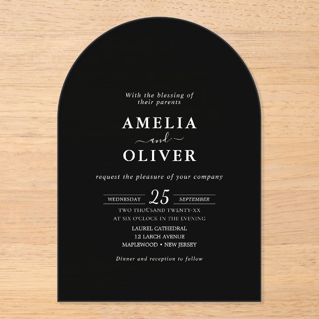 Faire-part de mariage élégant à arche noir minimal (Recto)