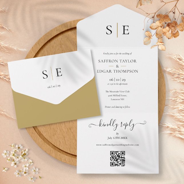 Faire-part de mariage élégant à code QR noir et or (Monogram Elegant Gold Black QR Code Wedding All In One Invitation)