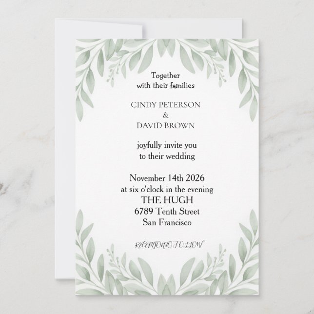 Faire-part de mariage élégant à crête florale vert (Devant)