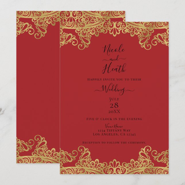 Faire-part de mariage élégant à dentelle rouge et  (Devant / Derrière)