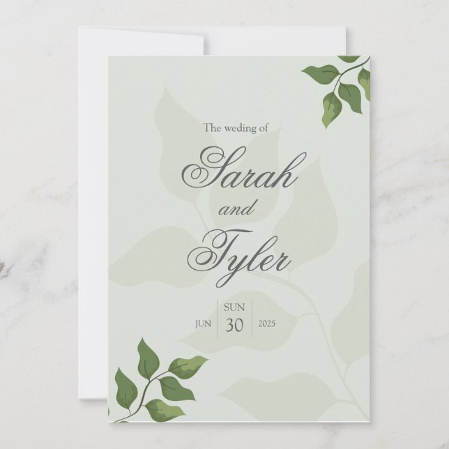 Faire-part de mariage élégant à feuillage vert boh (Devant)