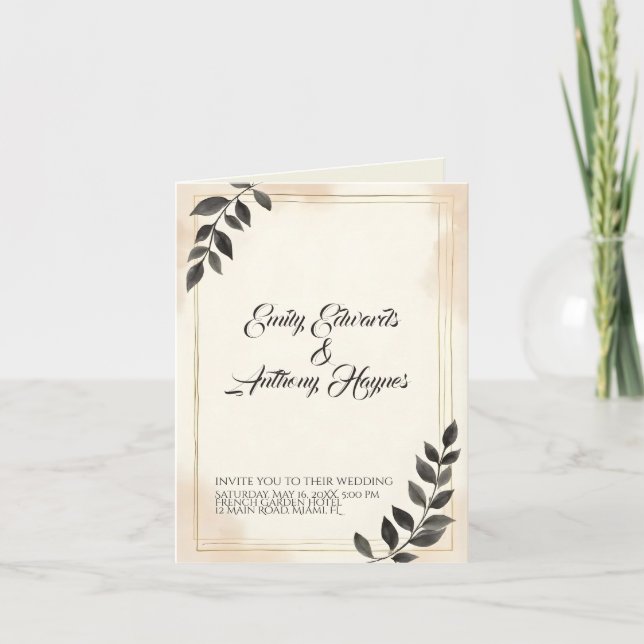 Faire-part de mariage élégant à feuille vert foncé (Devant)