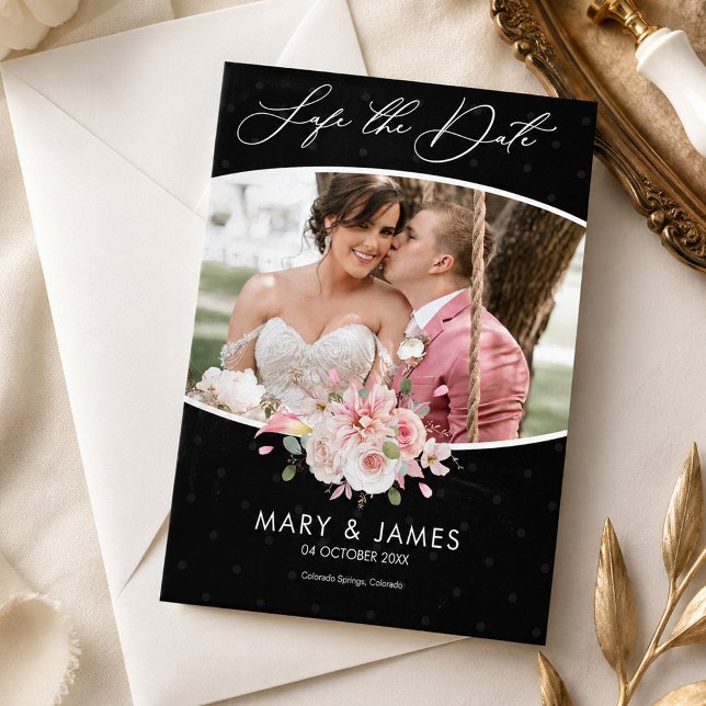 Faire-part de mariage élégant à fleurs noires pour (Elegant Black Floral Save the Date Wedding Invite, Wedding Announcement, Photo Save the Date)